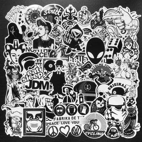 AQK 60Pcs Black White Motorcycle Stickers PVC Waterproof Decal Sticker Pack DIY Skateboard Luggage Laptop Bike Helmet Guitar Car