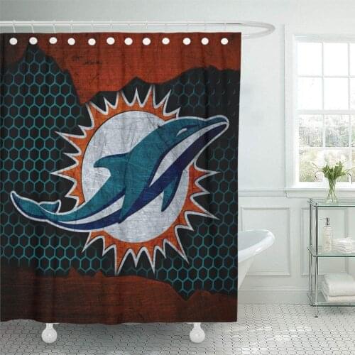Decor Shower Curtain Set with Hooks Miami City Dolphins Football Grunge Metal Texture East Division 72 X 78 Inches Polyester