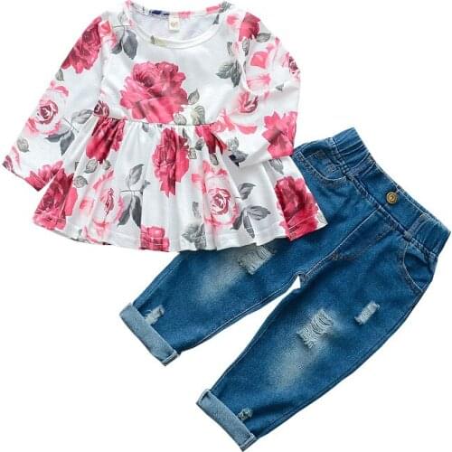 Popodion 2021 Spring New Childrens Clothing Flower Print Skirt Top + Small Feet Jeans Suit CHD20436