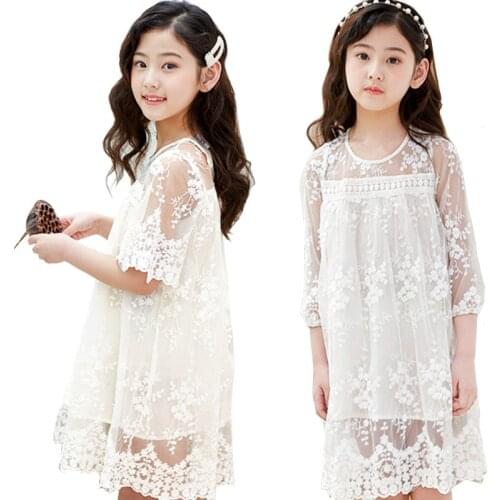 Kids Girls Dresses White Lace Party Dress Spring Summer Princess Short Sleeve Children Clothing 4 6 8 10 12 14 16 Year