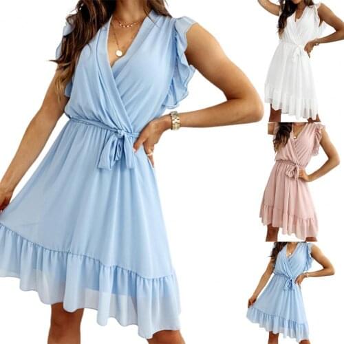 Hot Sale Women Minimalist Dress Lacework Cuff Cross Collar V Neck Sexy Dress for Summer