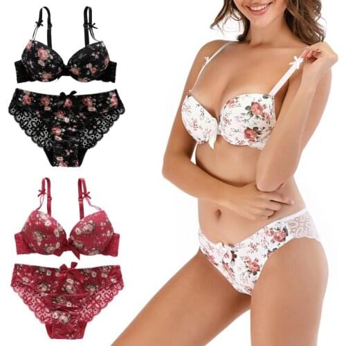 Floral Women Underwear Lace Sexy Push-up Bra and Panty Lingerie Set Comfortable Padded Brassiere Adjustable Gathered Sets