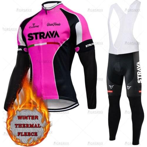 STRAVA Winter Bike Cycling Jersey Suit Womens Keep Warm Mountain Windproof Cycling Clothing 5D Gel Padded Team Race Bicycle Set