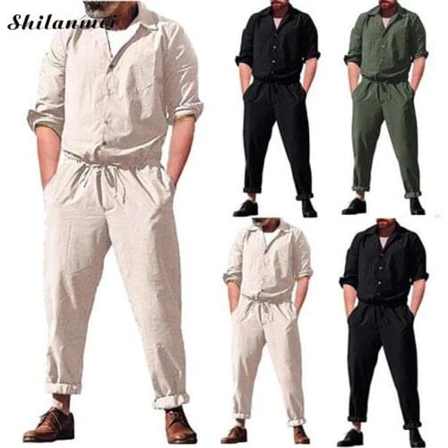 2019 Summer Plus Size Button Pockets Long Sleeve Men Jumpsuits Muslim Casual Male Working Joggers Pants White Black Jumpsuits