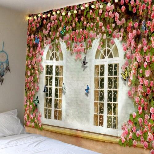 Window Flower Wall Tapestry Cheap Polyester Fabric Printed Garden Arch Scenery Art Tapiz Hippie Boho Decor Wall Hanging Blanket