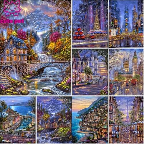 Natural scenery Diy diamond mosaic Mountain forest cabin Diamond Painting Full Square Diamond Water flow Rhinestones Handicraft