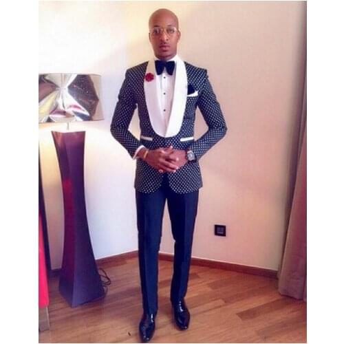 Slim Fit latest coat pant designs Groomsmen Groom Tuxedos Navy bule black white dot Men Suits Wedding Best Man(Jacket+Pants+Tie)