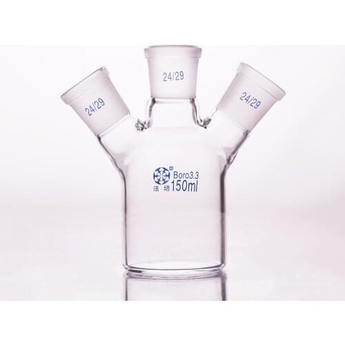 Single-deck cylindrical three-necked flat-bottom flask,Capacity 150ml,Joint 24/29,Single-deck cylindrical reactor bottle