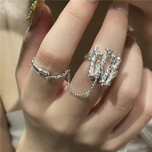 Origin Summer Unique Design Metallic Irregular Rings for Women Silver Color Long Chain Tassel Hollow Geometrical Finger Ring