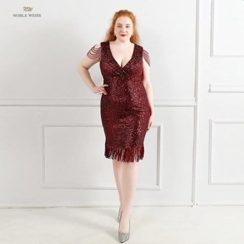 Prom Dress Knee-Length Sequined V-Neck Dresses Woman Party Night Mermaid Cocktail Dresses Big Size