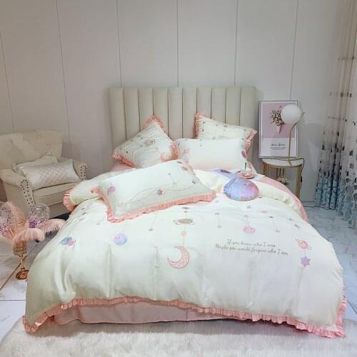 Luxury Cartoon Universe Embroidery Tencel Satin Bedding Set Duvet Cover Bed Linen Fitted Sheet Pillowcases Home Textile