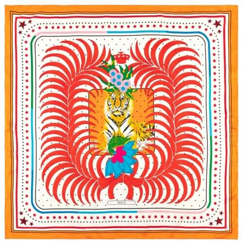 90CM Silk Scarf Womens Bandana Handmade Curled Tiger Print Twill Satin Scarves Shawls Handkerchief Hair Scarf Foulard Pareo