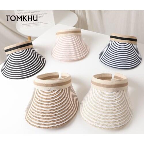 Sunmmer Women Sun Hat Ladies Weave Straw Empty Top Sun Visor Hat Clip-On Contrast Color Striped Wide Brim Anti-UV Outdoor Beach