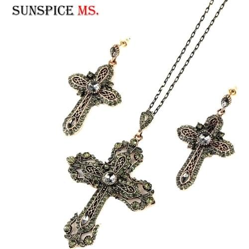 Sunspicems Vintage Gray Rhinestone Cross Pendant Necklace Earring Sets for Women Religious Church Jewelry Turkish Design 2020