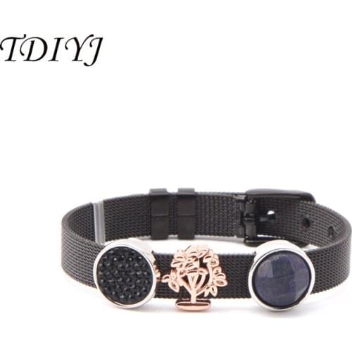 TDIYJ Nature Life Tree Black Zircon Keeper Stainless Steel DIY Mesh Slide Charms Black Bracelet 1Set