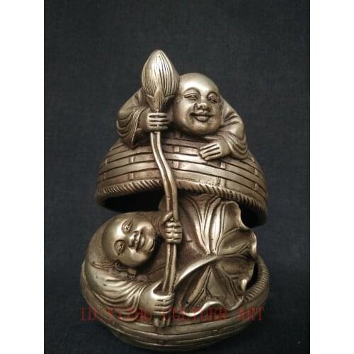 YIZHU CULTUER ART Collection China Old Copper Silver Carving Two Fairchild Statue Decoration