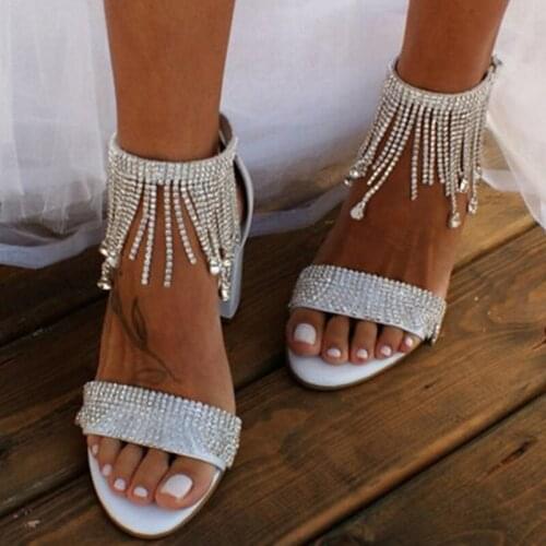 2021 Womens High Heels Sandals Crystal Women Pumps Shoes Sexy Buckle Strap Peep Toe Tassel Sandals Fashion Ladies Shoes