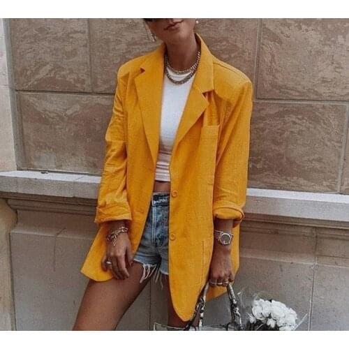 Veste blazer femme Long sleeve notched collar pocket single breasted loose blazer Orange yellow woman suits lady suit office