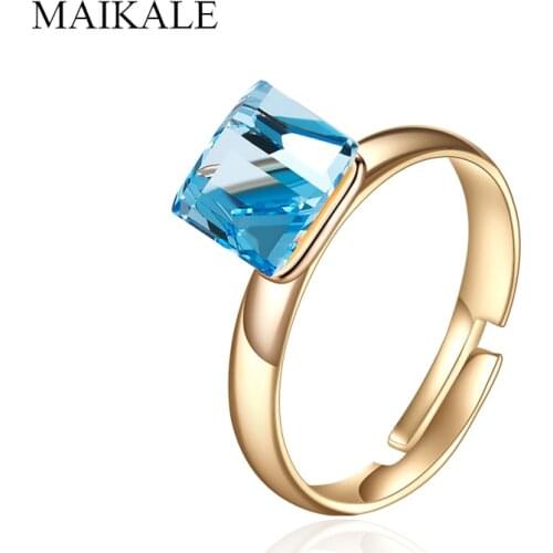 MAIKALE Cube Lake Blue Austrian Crystal Adjustable Ring Gold Color Plated Resizable Wedding Band Rings for Women Jewelry Gifts