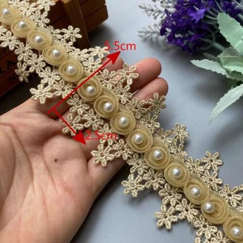 1 Yard Gold Pearl Tassel 3D Soluble Flowers Lace Trim 5.5cm Wedding Embroidered DIY Handmade Patch Ribbon Sewing Supplies Craft