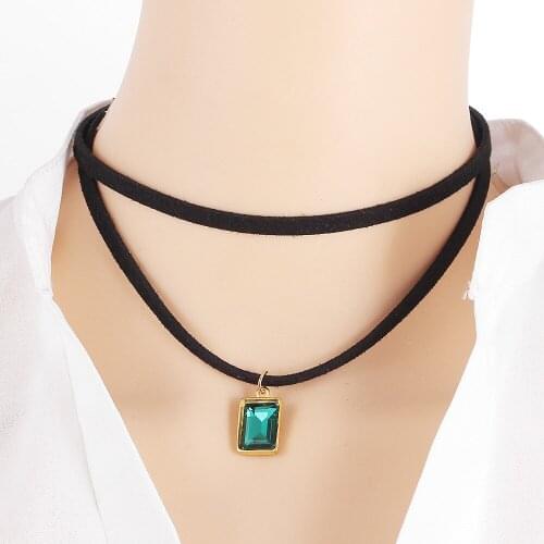 10 piece/lot Woman Velvet Choker Necklace Gold Color Square Gem Pendant Black Leather Clavicle Chain Crystal Charm Jewelry