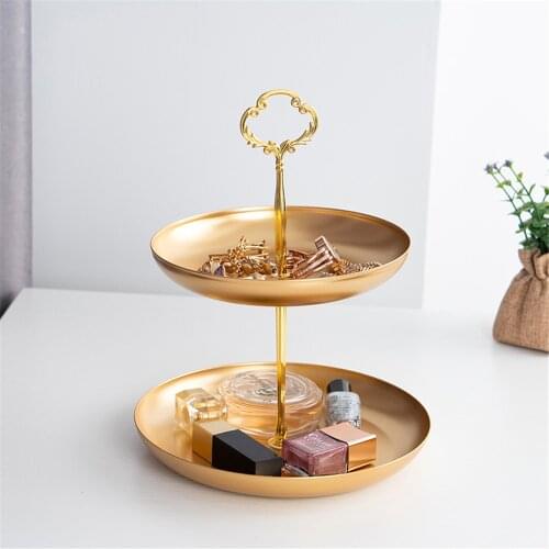 2 Tier Golden Metal Round Dried Fruit Tray Snack Plate Jewelry Tray Headband Storage Rack