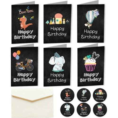 6sets Cute Cartoon Dinosaur Elephant Gift Card Baby Boys Girls Birthday Greeting Cards with Envelope Sticker Castle Folding Card