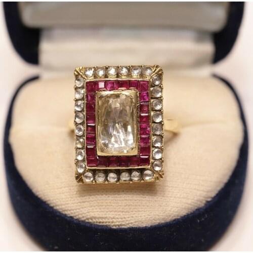 ANTIQUE NAVETTE 14K GOLD NATURAL ROSE CUT DIAMOND CALIBER RUBY VINTAGE RING