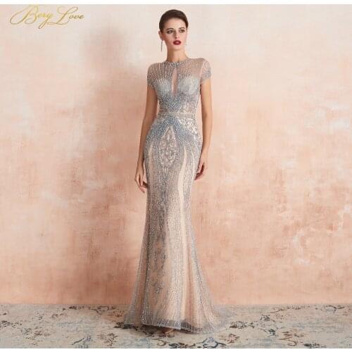 BeryLove 2021 Luxury Rhinestones Nude Mermaid Evening Dress Cap Sleeves Long Evening Pageant Dresses Formal Gown robe de soiree
