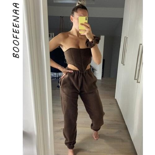 BOOFEENAA Brown Fleece Two Piece Set Women Outfits Tube Top Sweatpants Matching Sets Sportswear Tracksuit Loungewear C56-DZ55