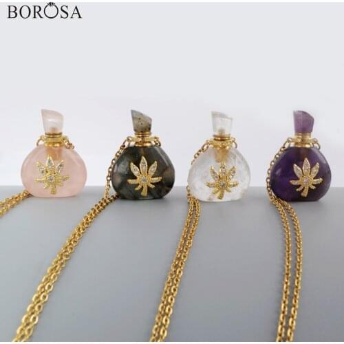 BOROSA Natural Stones Perfume Bottle Necklace Zircon Essential Oils Perfume Diffuser Stainless Steel Chain Necklace G1943-N