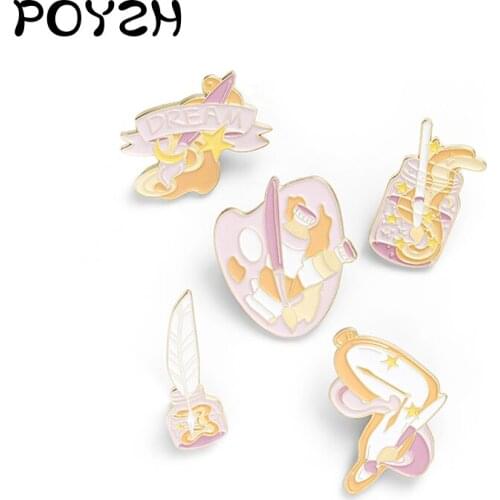 Dream brush Art Enamel Brooch Star Moon clock Pigment Palette Feather bottle Cartoon Lapel Pin small fresh Fashion Badge