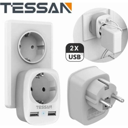 Travel Adapter US UK AU to EU Plug Power Strip with 2 USB Ports Wall Socket 100~250V Outlet Extender for Phones Tablets Computer