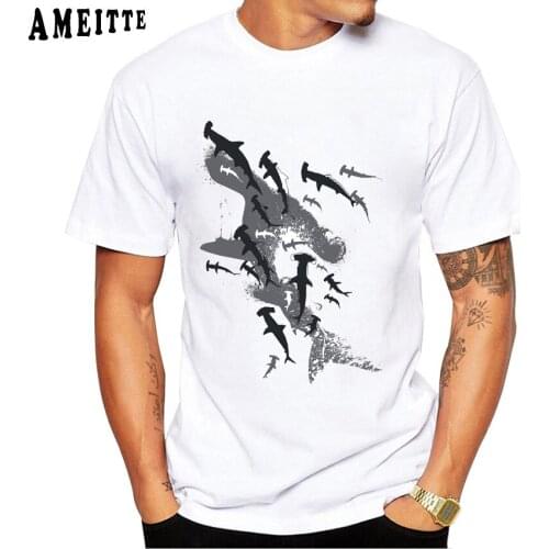 AMEITTE Vintage Hammerhead Sharks Tattoo Print T-Shirt Funny Boy Casual Tops Man White Tees New Summer Fashion Men Short Sleeve