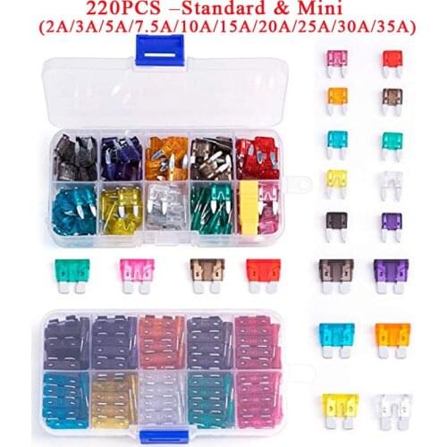 Truck Car Blade Fuses Assortment Kit 220PCS Standard &Mini(2A/3A/5A/7.5A/10A/15A/20A/25A/30A/35A) Automotive Replacement F