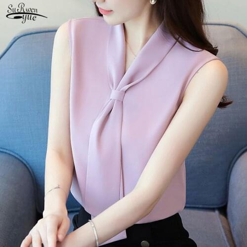 Chemisier Femme 2021 Summer New Solid Color Sleeveless V-neck Chiffon Blouse Women Elegant Bow Slim Fit Ladies' Blouse 9202 50