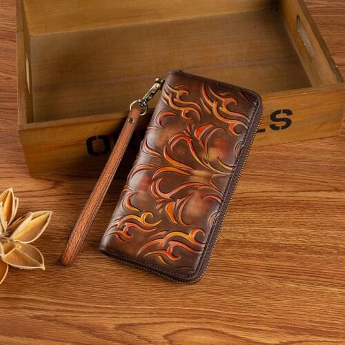 Genuine Leather Women Purse Handy Clutch Money Bag ID Card Holder Embossed Retro Natural Skin Long Wallet Coin Wrist Bag