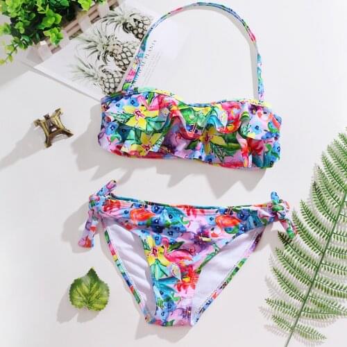 7-16years Girls Swimsuit 2021 New Large Size Swimwear With Inner Pad Floral Girls Swimsuit Two Piece Childrens Swimwear 1062