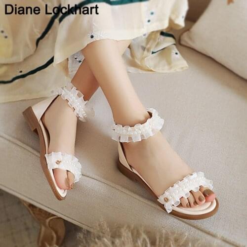 Summer Women Shoes Princess Lace Ruffles Sandals Open Toe Flat Heel Cross Tied Flats Rome Shoes Girl Sandal Drop Shipping 31 32