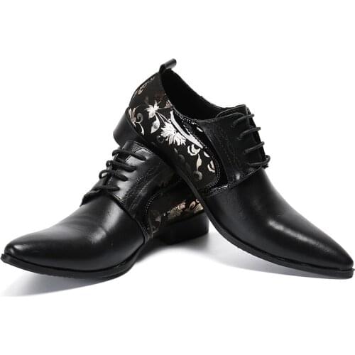Design Gold Floral Men Real Leather Brogue Shoes Fashion Male Oxfords Pointed Toe Lace Up Wedding Dress Shoes Formal Derby Shoes