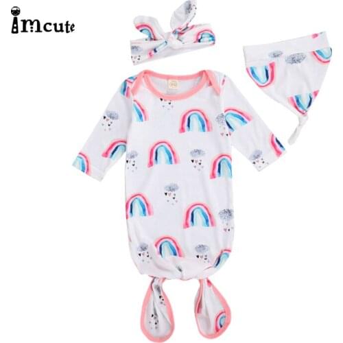 Imcute Baby Sleeping Bag Set Cute Rainbow Print Long Sleeve Sleeping Bag + Hat + Headband Set Newborn Cotton Hug Quilt