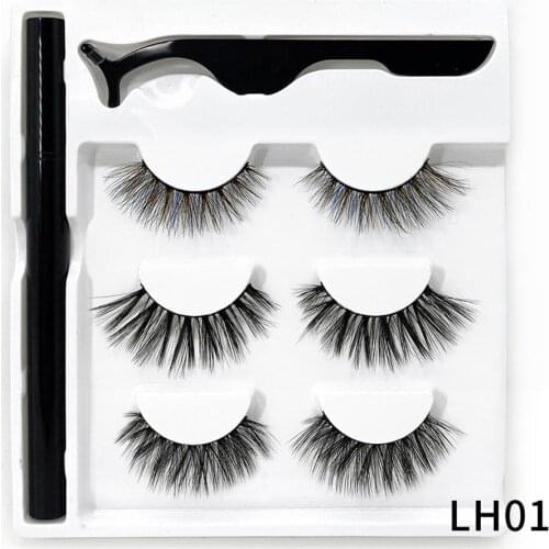 False Eyelashes And Eyeliner Kit No Glue Non Magnetic 3 Pairs Waterproof Reusable Eyelashes With Sticky Liquid Eyeliner Mascara