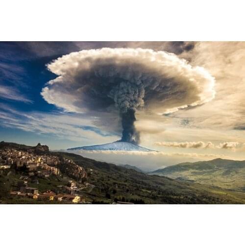 Living room home wall decoration sill fabric poster nature landscape Etna volcano eruption Sicily Italy snowy peak