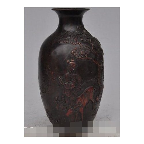 S01231 9" China dynasty palace bronze Beauty belle Deer pine statue Bottle Pot Vase Jar