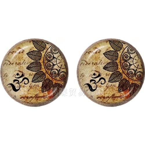 Mandala Lotus Flower Stud Earrings Om Yoga Symbol Buddhism Zen Glass Cabochon Vintage Jewelry For Women Girls Gift