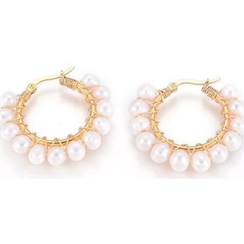 2 Pair Golden Stainless Steel Hoop Earrings with Natural Pearls Ring Earring for Women Fashion Jewelry Ear Buckle 34.5x36x7mm