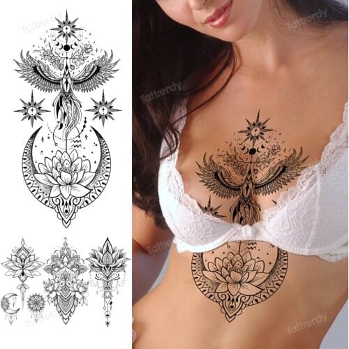 Sternum tattoo black henna lace mandala sexy tatoo waterproof for women underboob body tattoo breast belly sleeve armband tattoo