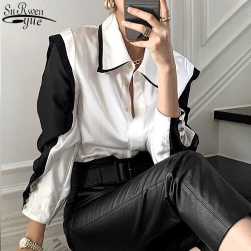 New Korean Long Sleeve Black White Splicing Womens Shirts Spring and Summer Singele Breasted Fashion Women Blouses 2021 12898