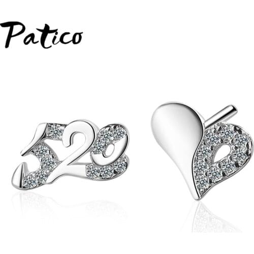 Women Simple 520 Heart-Shaped 925 Sterling Silver Stud Earrings Creative Pierced Cubic Zirconia Engagement Asymmetric Jewelry
