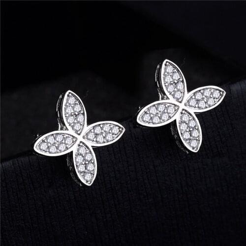 Luxury Micro-inlay Cubic Zirconia Stud Earrings for Women Brand Clover S925 Needle Earrings Girl Korea Jewelry Z154